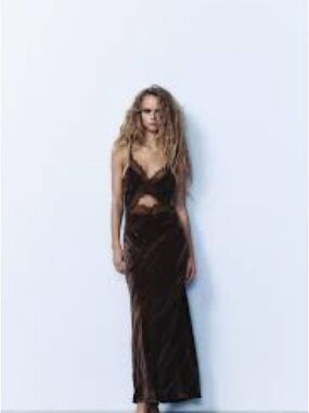 Zara Dark Brown Velvet Midi Dress with Cutout